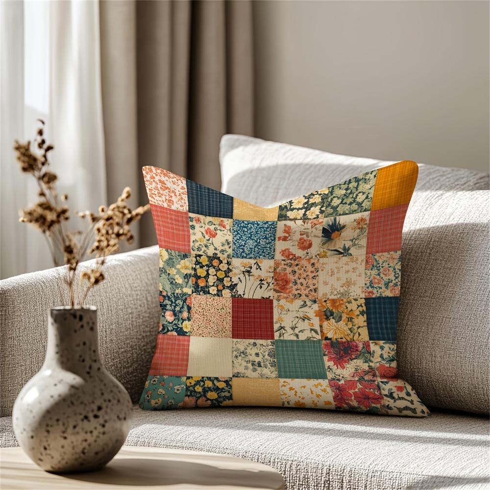 Vintage Patchwork Colorful Floral Plaid Double-Sided Pillowcase Elegant Decorative Cushion Cover for Home Gift
