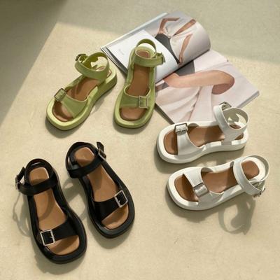 Модные сандалии для студентов с двойным ремешком-пряжкой, женские тапочки, летние туфли на платформе, женские сандалии, корейские с открытым носком, сандалии на толстой подошве