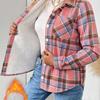 Ladies', Plush, Warm Shirt, Button Up, Lapel, Pocket, Plaid Top, Casual Shirt