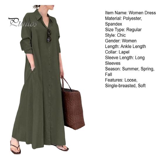 Женское весеннее платье с отложным воротником, свободное однобортное однобортное платье с длинными рукавами и карманами на пуговицах, тип рубашки до щиколотки, осеннее повседневное платье макси