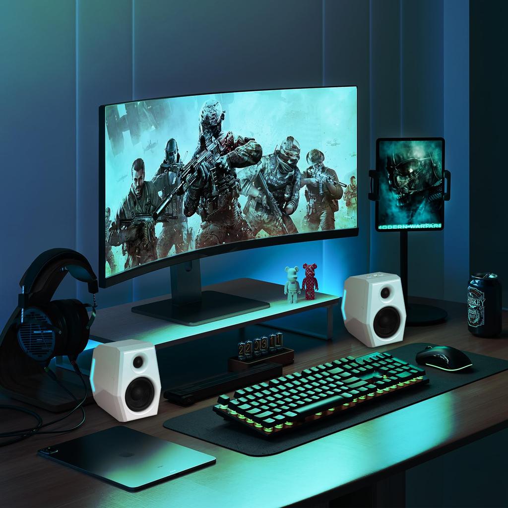 Sanyun SW209 36W Computer Gaming Speakers with 3 EQ Modes Dynamic 3D Surround RGB Compatible with White (Game/Movie/Music), Sound, 24-bit DAC,