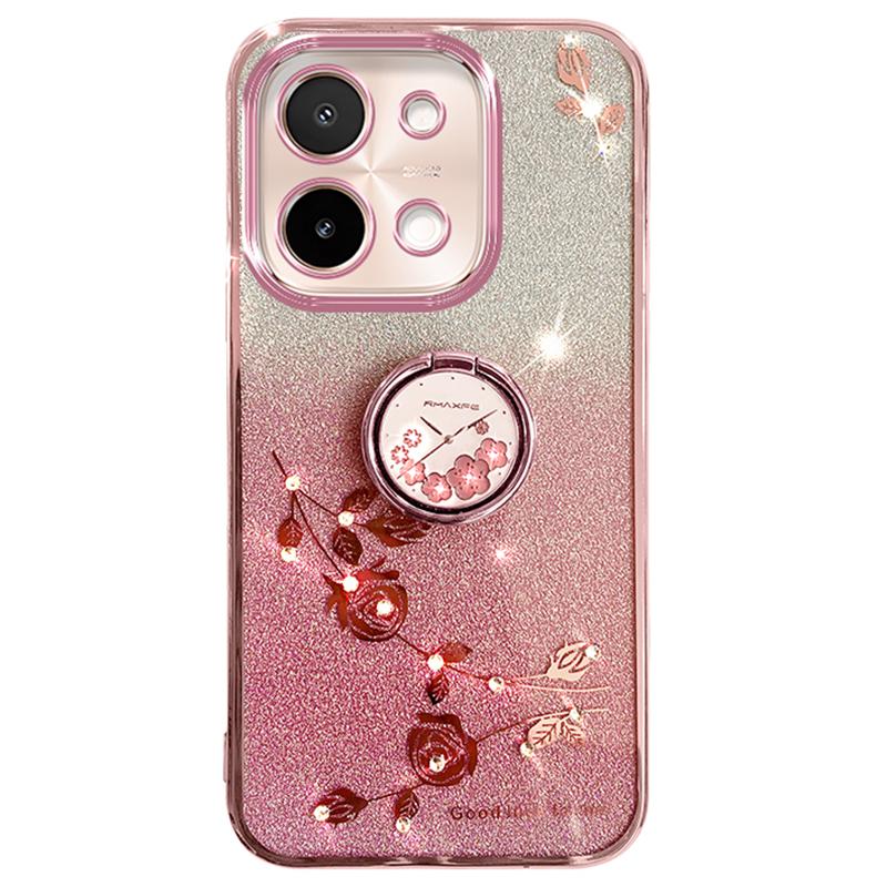 KADEM For vivo Y28 4G Case Kickstand Glitter Flowers TPU Shockproof Phone Cover
