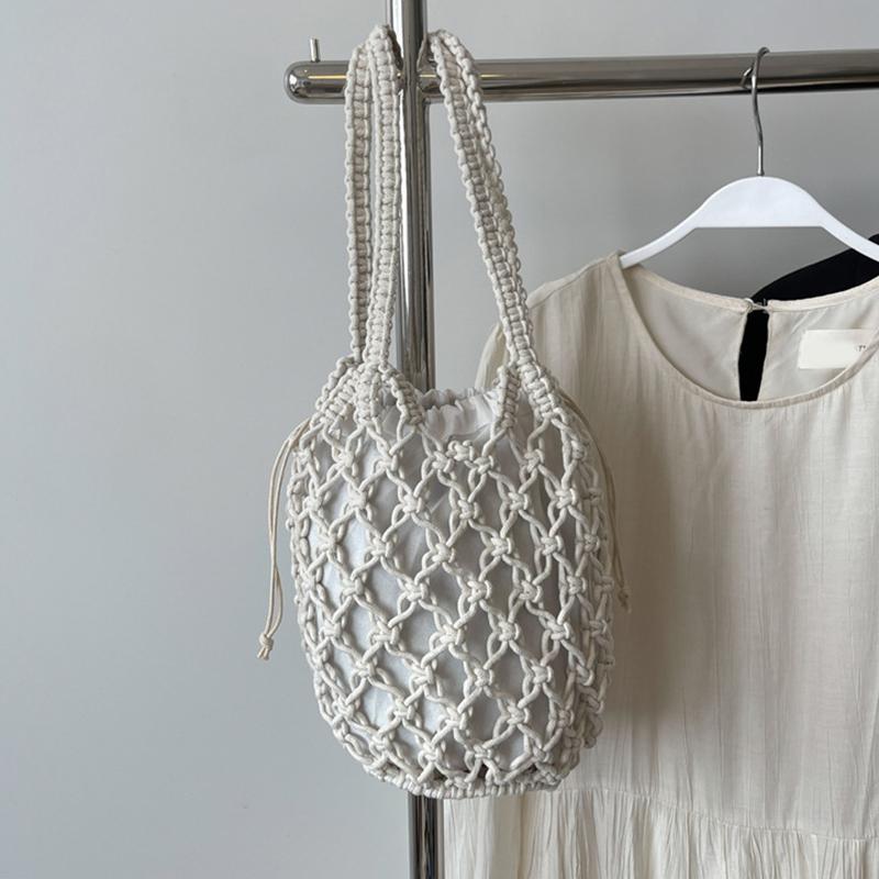 Летняя пляжная сумка для женщин, сетчатая веревочная вязаная сумка-ведро на плечо, сетчатые полые дорожные сумки-шопперы, женские модные сумки