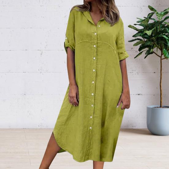 Summer Women Dress SIngle-breasted Half Sleeves Turn-down Collar Loose Solid Color Buttons Commute Daily Wear Midi Dress