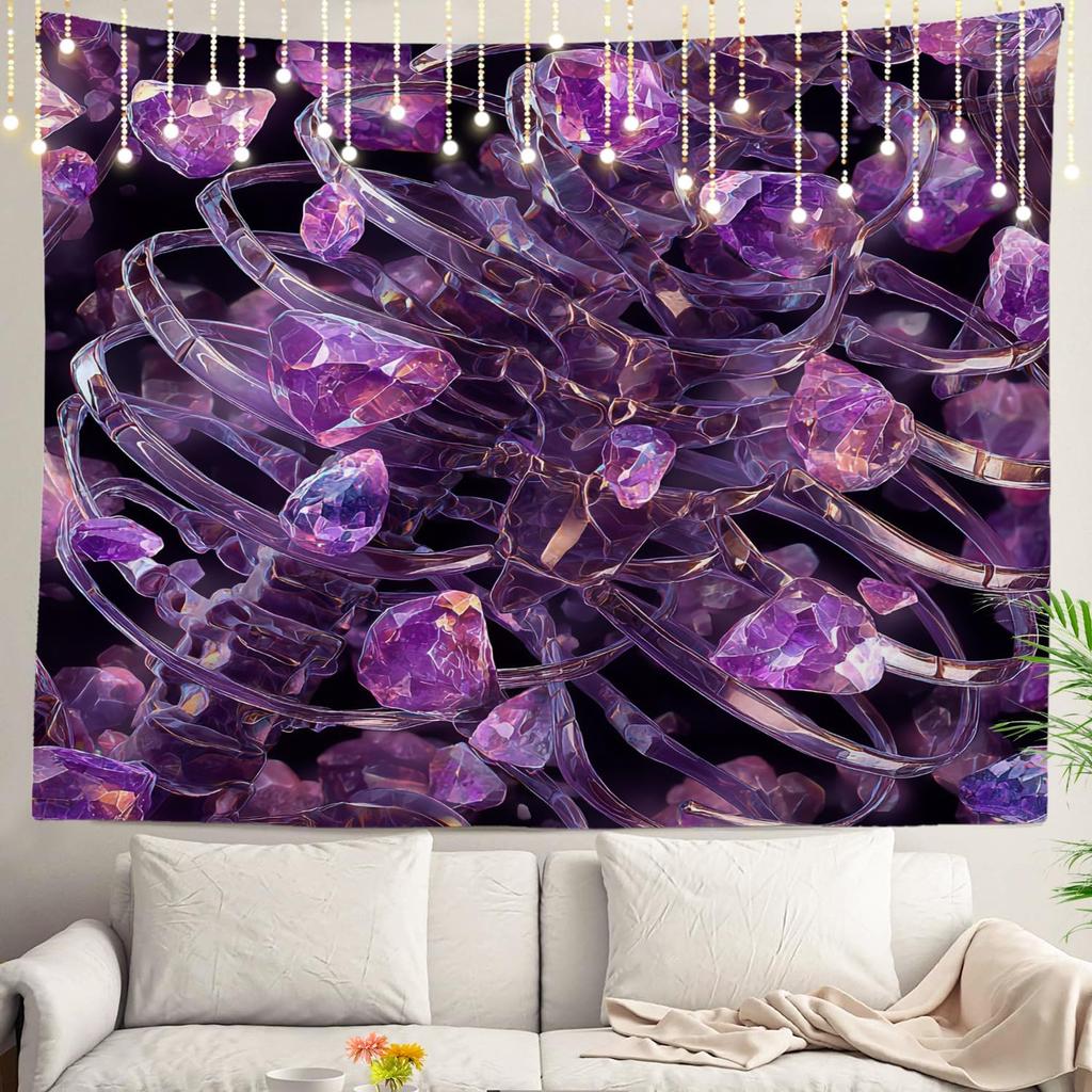 Purple Crystal Gemstone Tapestry Wall Decor Luxury Mineral Abstract Art Print Hanging Fabric Accent Backdrop for Bedroom Living