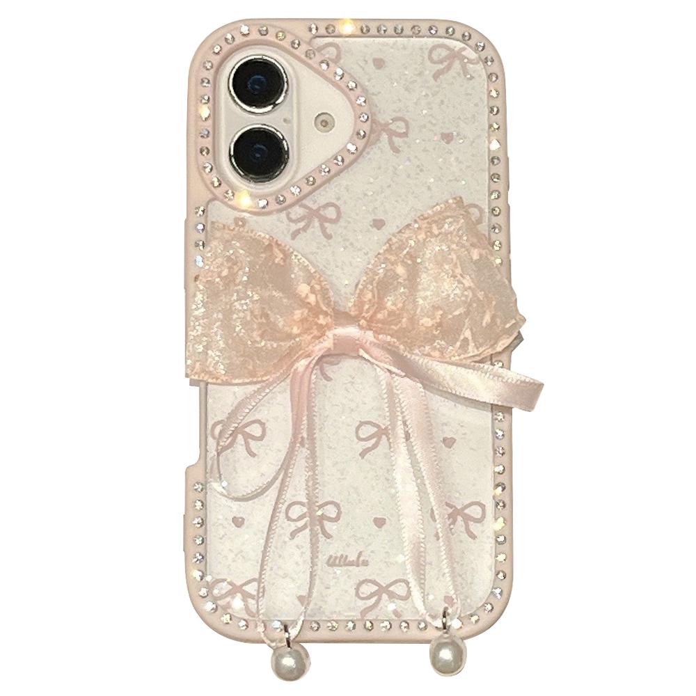 For iPhone 16 Plus Case Two Bow Epoxy Design TPU+PC Phone Back Cover Rhinestone Decor