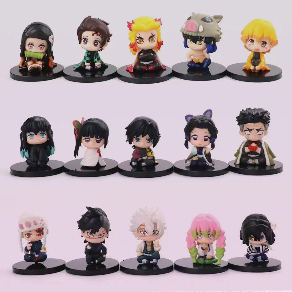 5-15Pcs Q Version Demon Slayer Sitting Ghost Doll Tanjiro Nidouzi Inosuke Zenizu Toy Figural Pvc Model Gift