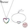 BAMOER 925 Sterling Silver Rainbow Colorful Heart Pattern Love Zircon Adjustable Necklace Bracelet Jewelry Set