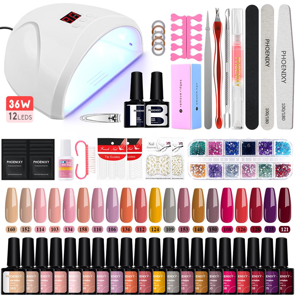 Набор гелевых ногтей PHOENIXY, 20 шт., гель для замачивания ногтей с УФ-светодиодной лампой для ногтей 36 Вт, набор инструментов для дизайна ногтей, набор инструментов для дизайна ногтей