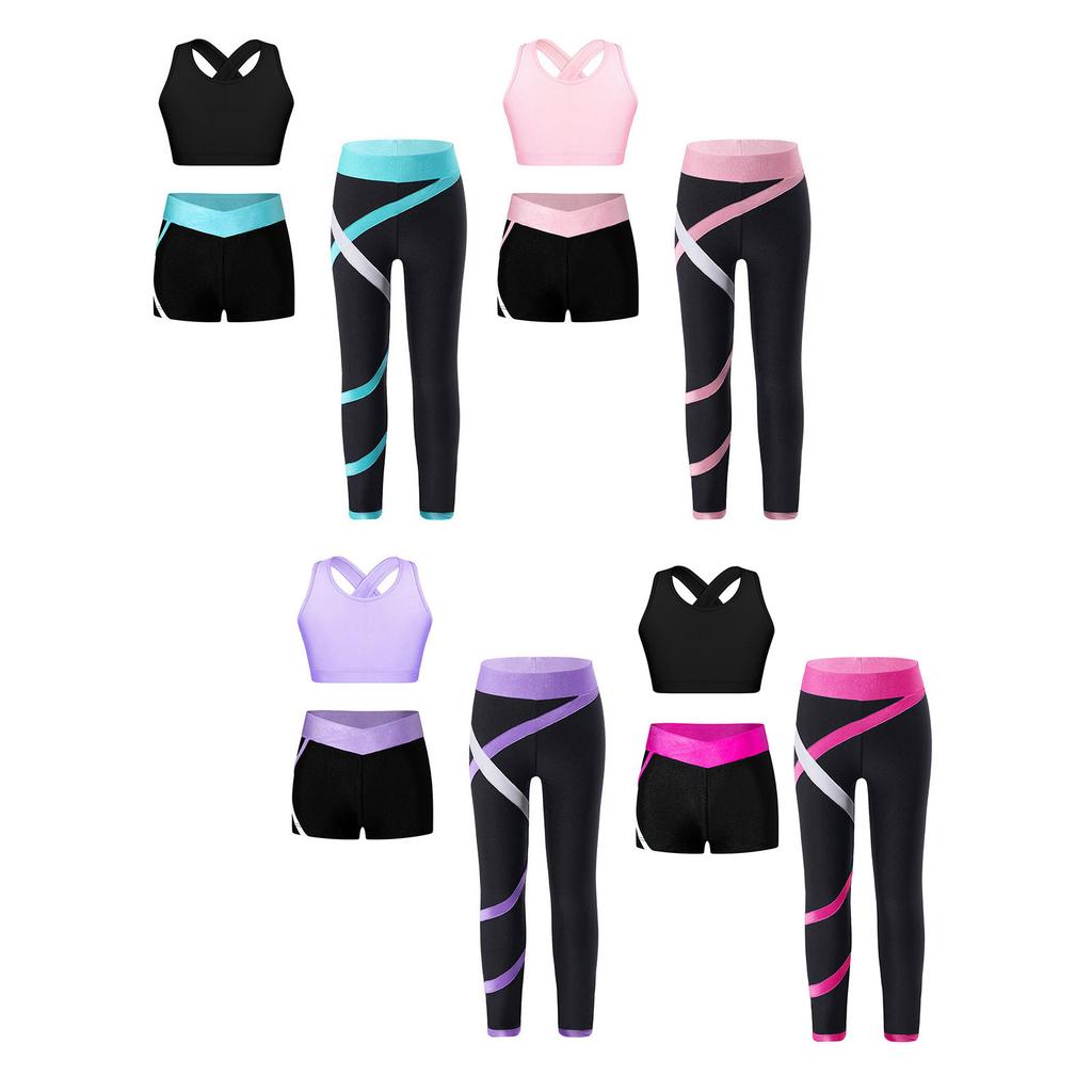 Kids Girls 3Pcs Sports Set Cross Back Crop Vest with Contrast Color Pants Shorts Gymnastics Workout Yoga Running Activewear