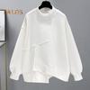 Women Autumn Winter Solid Color Sweatshirt Half High Collar Long Sleeve Irregular Hem Pullover Tops Buttons Decor Tops Streetwear