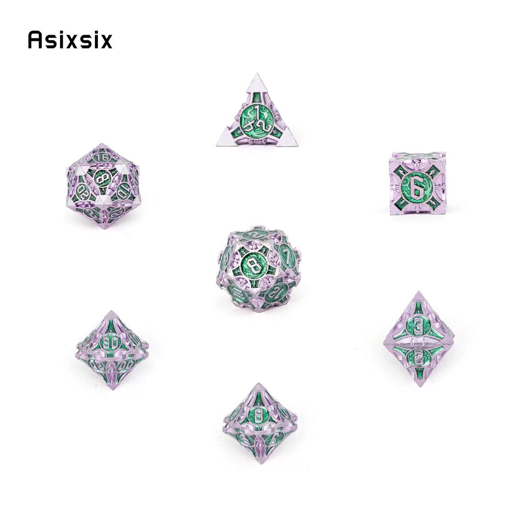 7 шт. фиолетовые, зеленые металлические кубики, набор твердых металлических многогранных кубиков, подходящий для ролевой ролевой игры, настольной игры, карточной игры