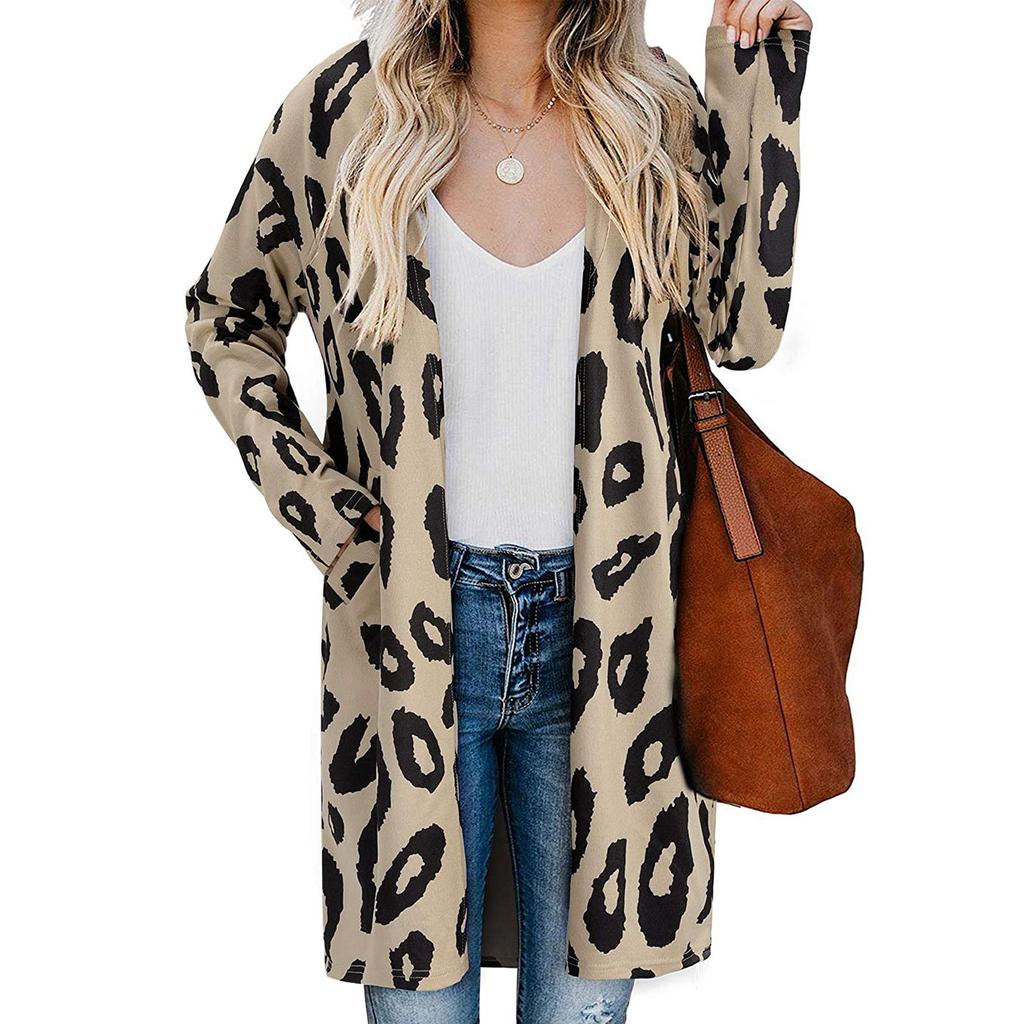 Women's Fashion Casual Printed Pocket Cardigan Medium And Long Coat