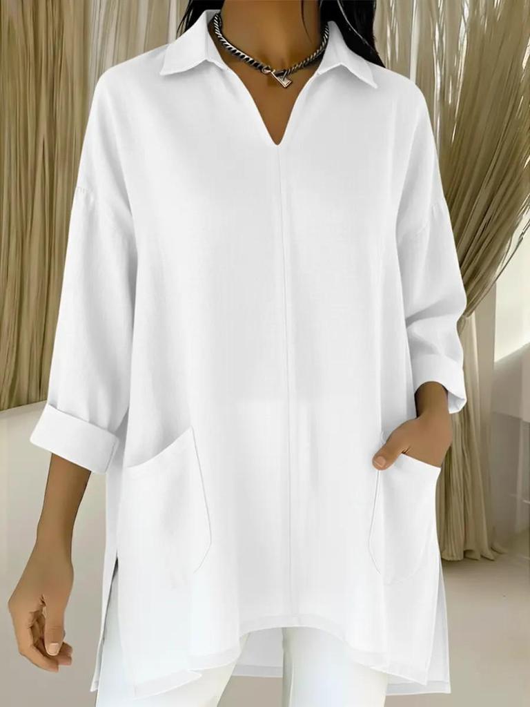 Весна 2026 Европейская и Американская Женская Мода Однотонная Рубашка с Карманным Воротником Свободный Топ