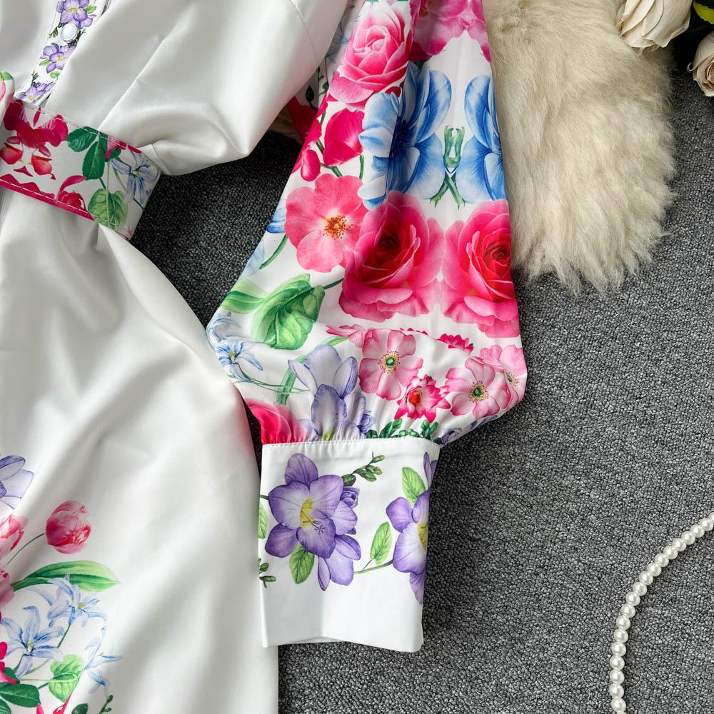 Весенне-осеннее платье-рубашка с длинными рукавами с лацканами и принтом, женское французское однобортное винтажное праздничное пляжное платье