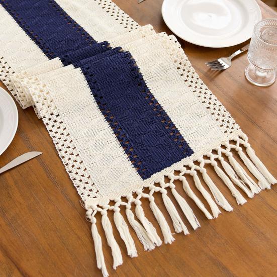 Yousheng Table Runner Color Block Long Strip Design Tassel Element Table Flag Easy To Clean Dining Table Decor Accessory