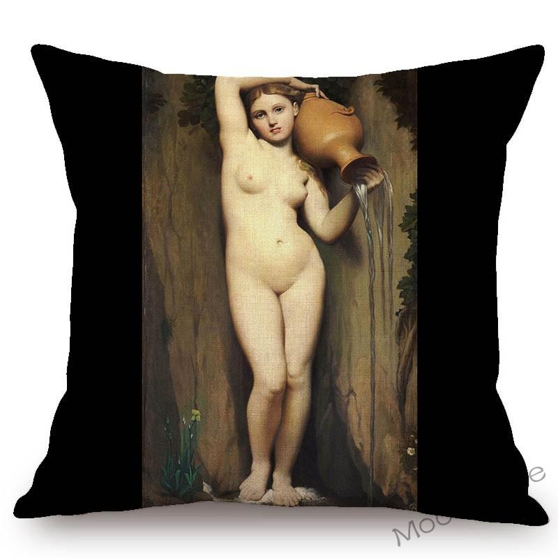 Neoclassical World Famous Oil Painting Jean Ingres Nepoleon The Source La Grande Odalisque Sofa Pillow Case Linen Cushion Cover