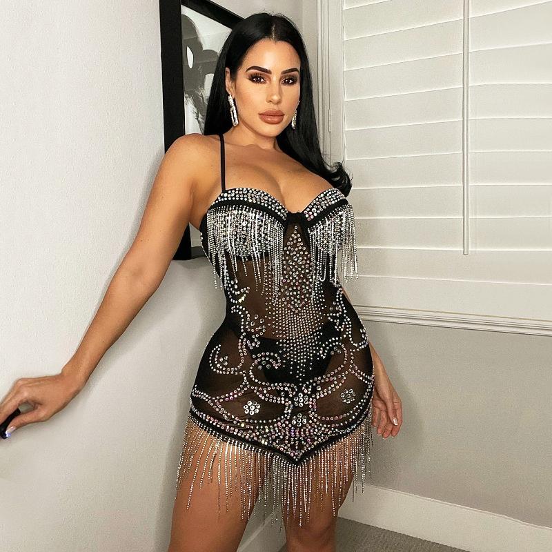 Women Summer Glam Sequins Night Mini Dress Birthday Outfits Sling Sexy See Through Mesh Black Rhinestone Tassel Party Short Dress