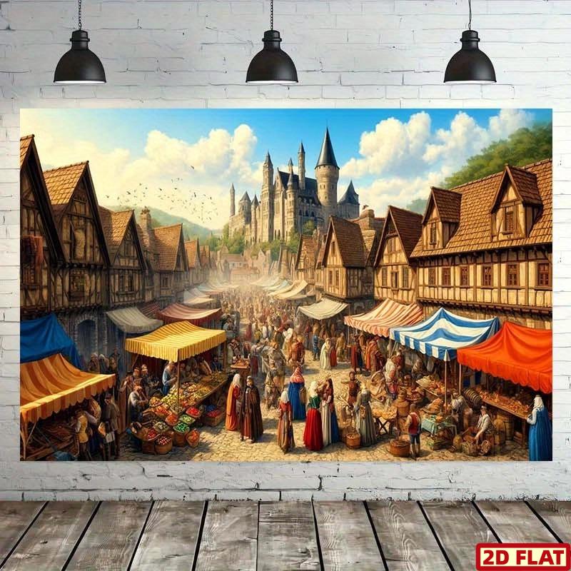 2D flat design, 1-piece medieval market background fabric, suitable for home decoration