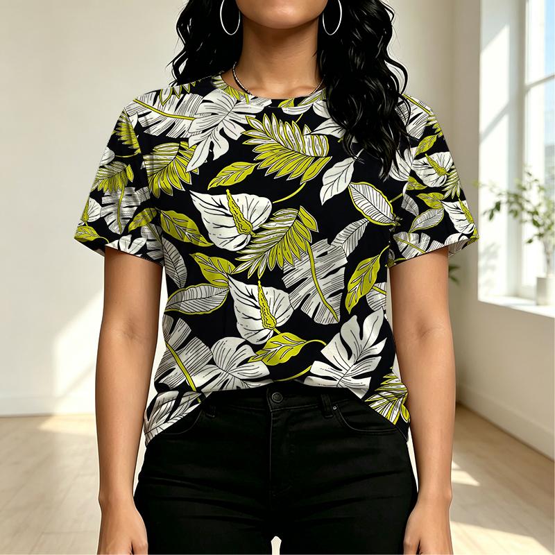 Women's Basic Crew Neck Short Sleeve T-Shirt Minimalist Tropical Leaf Print, Soft & Comfortable Fabric, Ideal for Daily Casual & Home Wear