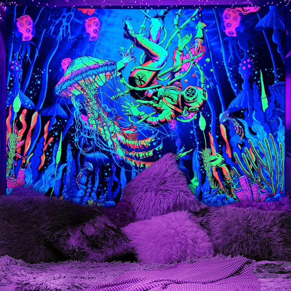 УФ-реактивная настенная гобеленовая tapestry с изображением грибов, светящаяся в темноте под черным светом, гобелены с изображением инопланетных черепов, искусство с астронавтами для декора спальни