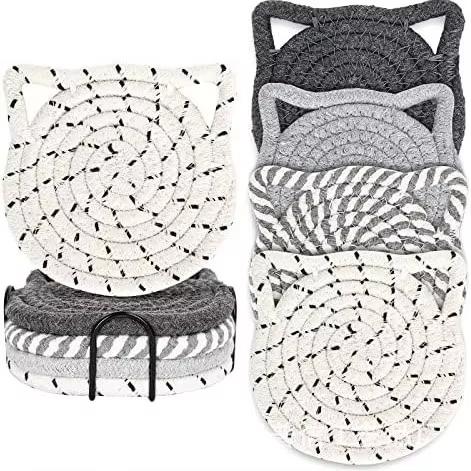 Cat Ear Coasters Set Brown White Handmade Braided Cotton Coasters Non-Slip Absorbent Drink Coaster No Holder