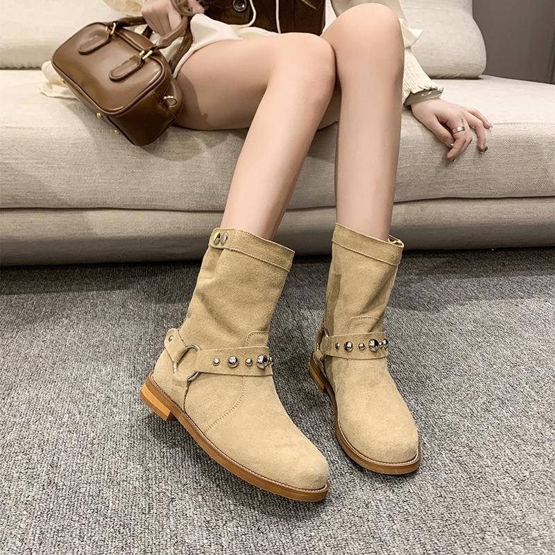 CRLAYDK 2024 Winter New Women's Flat Ankle Mid Top Suede Folding Boots Slip On Vintage Western Cowboy Fashion Cowgirl Booties