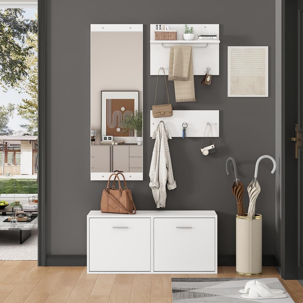 90*30*41.5cm 4-Piece Coat Rack Set with Mirror, 2 Hat Shelves and Shoe Cabinet, Compact Coat Rack with 6 Coat Hooks, White