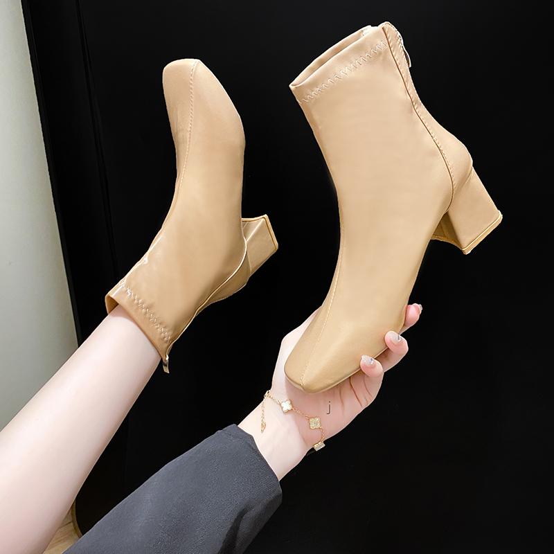 Women Thick Heel Medium Heel Boots Women's New Winter Square Toe Back Zipper Increased Casual Short Boots Shoes for Women
