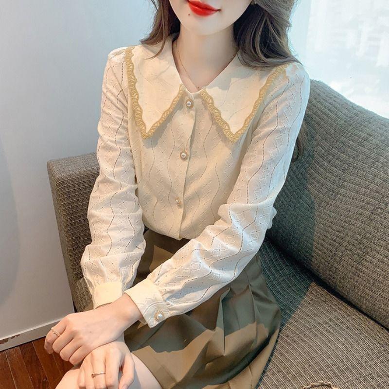 Женская шифоновая блузка с воротником Питер Пэн на весну и осень 2025 года - Новая модная кружевная рубашка
