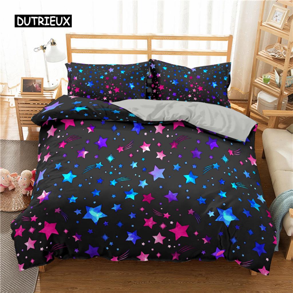 Starry Sky Duvet Cover Set King Size Galaxy Starry Sky Theme Twin Bedding Set for Kids Teen Polyester Colorful Stars Quilt Cover