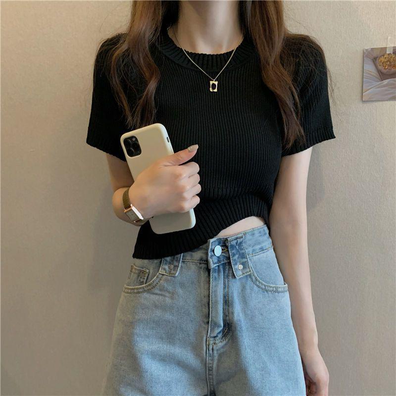 Women's Summer 2025 Stylish Ice Silk Slim Knit Short-Sleeve T-Shirt