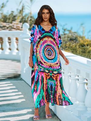 2024 Сексуальная пляжная одежда с v-образным вырезом и рукавами «летучая мышь», женское летнее платье в африканском стиле с принтом в стиле бохо, купальник, бикини, накидки Q1577