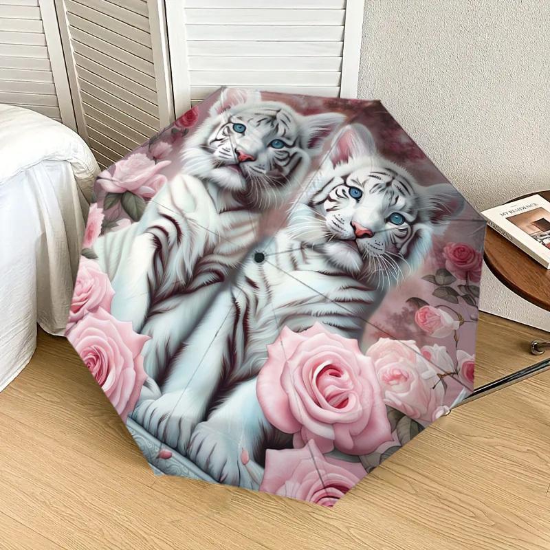 1pc White Tiger Roses Floral Artwork Umbrella with Plastic Handle,Suitable for All Seasons Home Travel Outdoor UmbrellaDD038