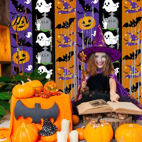 Holiday Party Backdrop Foil Fringe Curtain for Halloween, Orange Purple Black Background Tinsel Photo Booth Props, Pumpkin Ghost Bat Halloween