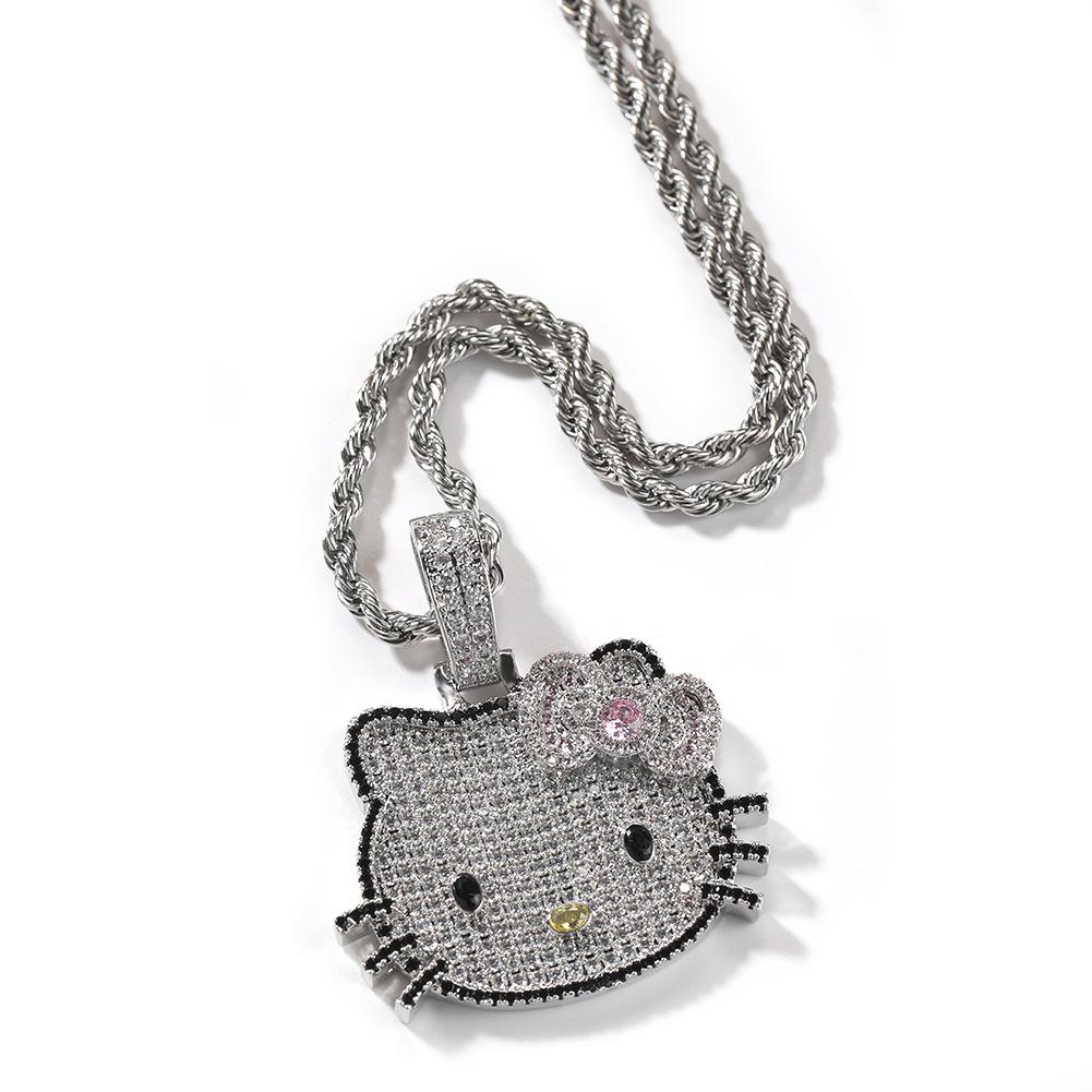 Fashion Sweet Hip Hop Jewelry Small Size Bling CZ Iced Out 5A Zircon Cute Cartoon Cat Pendant Necklace for Women Gift