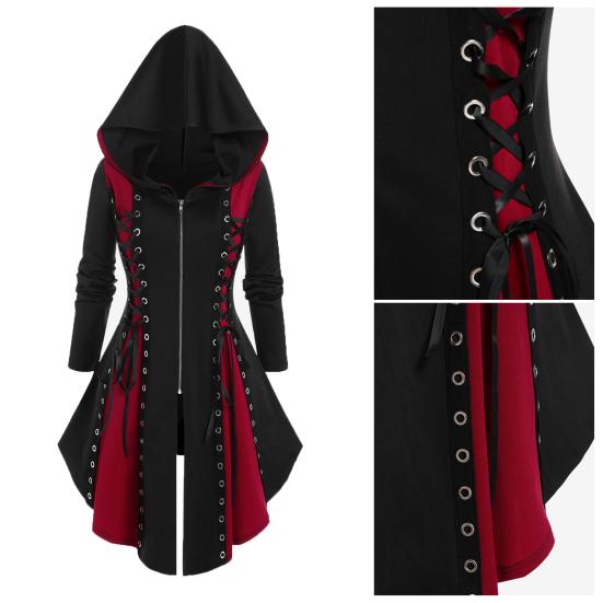 Женское платье для косплея, готический цвет, на шнуровке, на бретельках, нерегулярный подол, с капюшоном и длинными рукавами, на молнии, фестиваль, Хэллоуин, миди