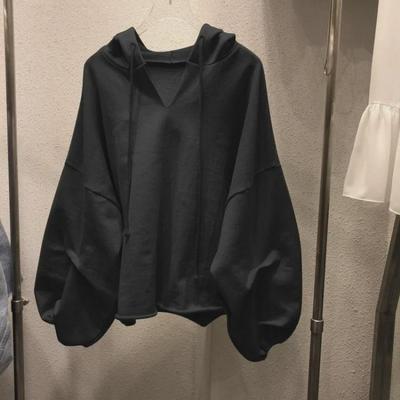Корейский стиль женский свободный тонкий хлопковый свитер с капюшоном и V-образным вырезом однотонный цвет для весны и осени