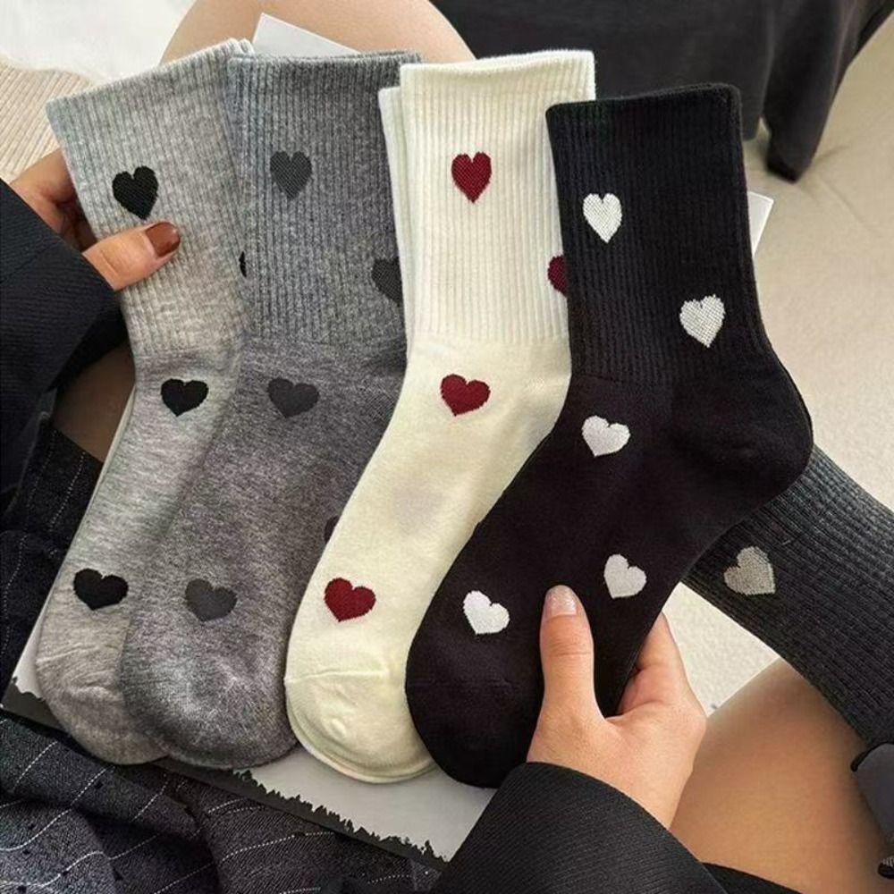 5Pairs Harajuku Patchwork Color Socks Heart Pattern Mid Tube Socks Love Mid-Calf Socks  Sports