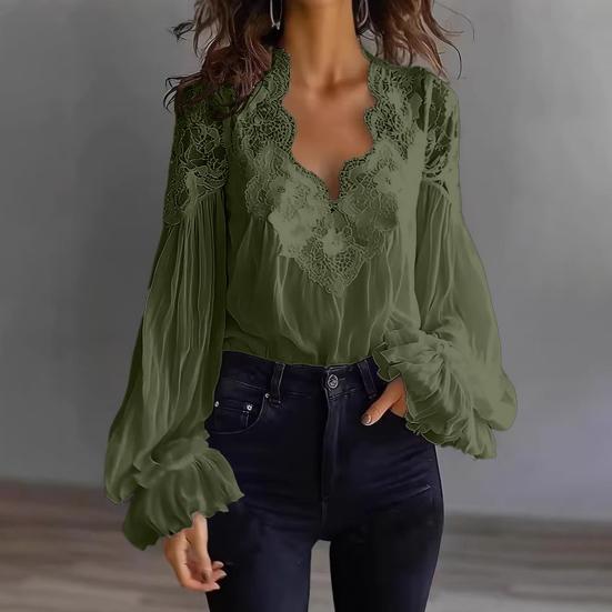 Женская рубашка с V-образным вырезом, плиссированная, с пышными длинными рукавами, летняя рубашка, вышивка, кружевная вставка, свободный крой, рубашка, топы, для вечеринок, для путешествий