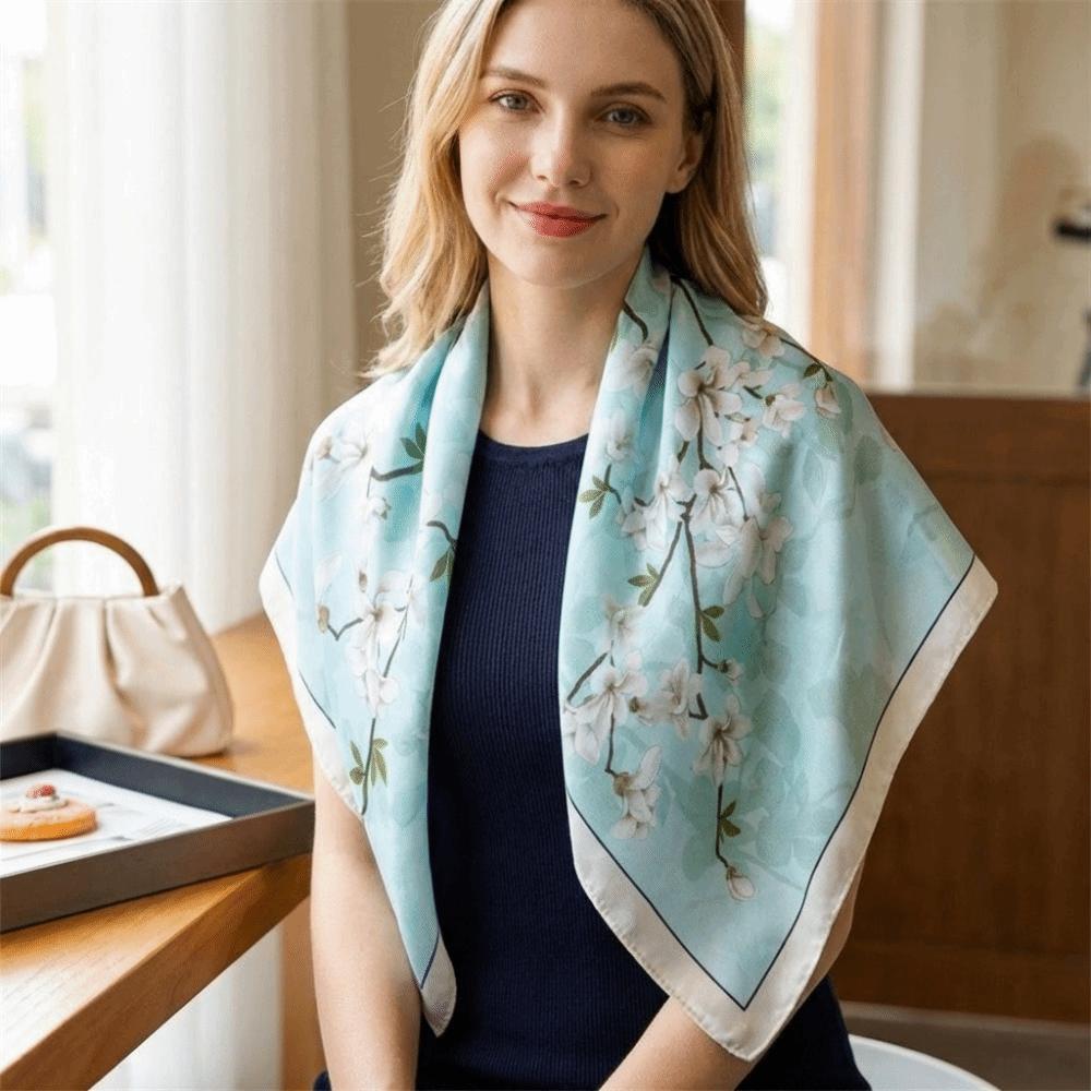 Floral Print Square Silk Scarf Soft Hijab Scarf Hair Band Neckerchief Scarf Beach