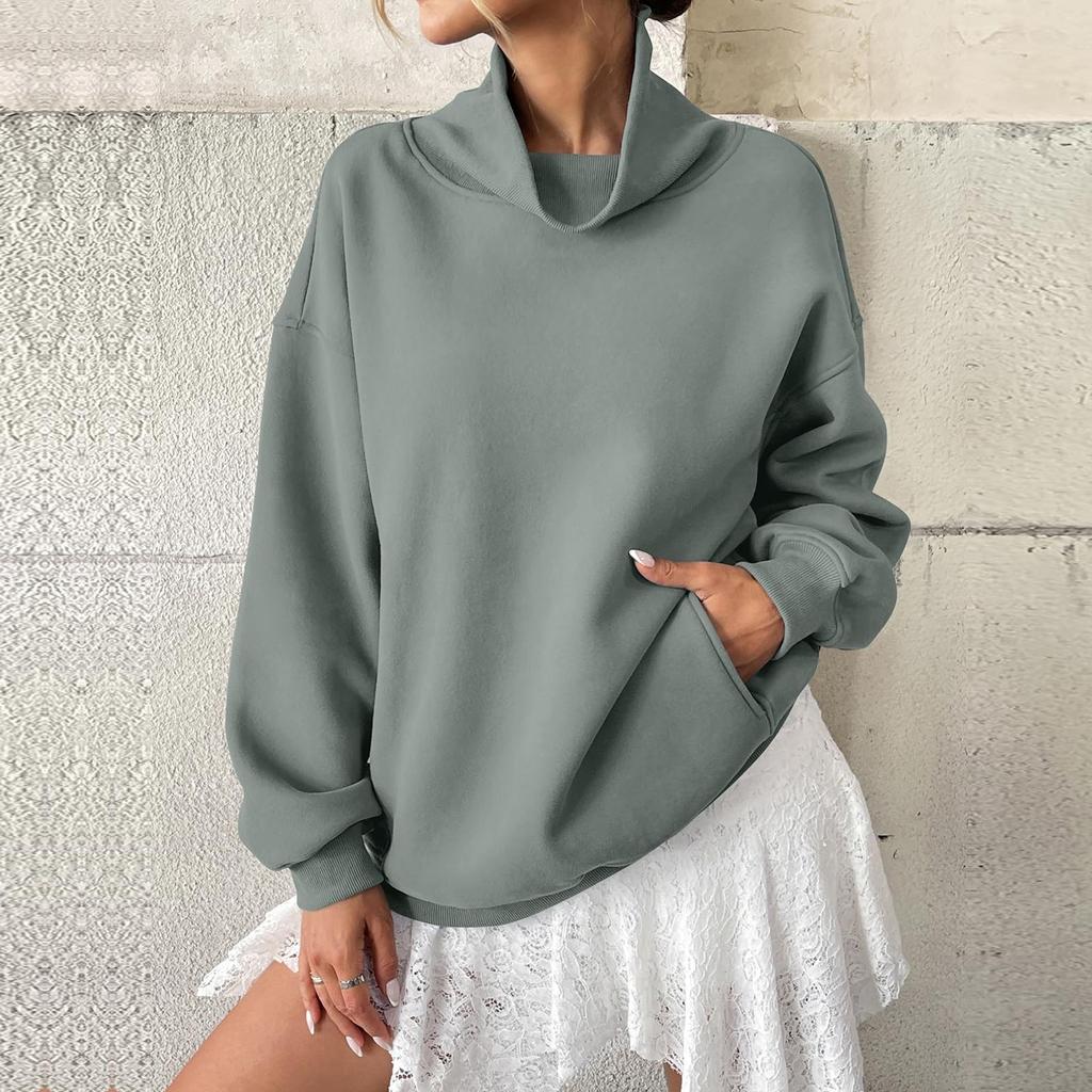 Женские флисовые свитшоты оверсайз с карманом, пуловер с высоким воротником, повседневные топы с длинным рукавом для осени, свободного кроя