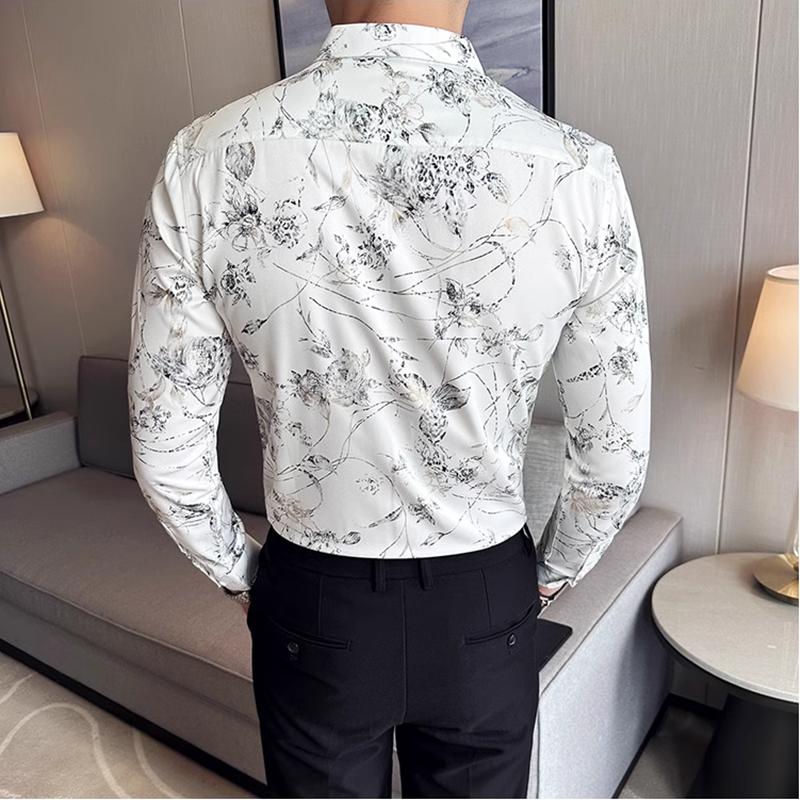 Высококачественная мужская рубашка с принтом, модная облегающая рубашка с длинным рукавом, элегантная повседневная рубашка, мужские топы с отложным воротником, шикарная одежда