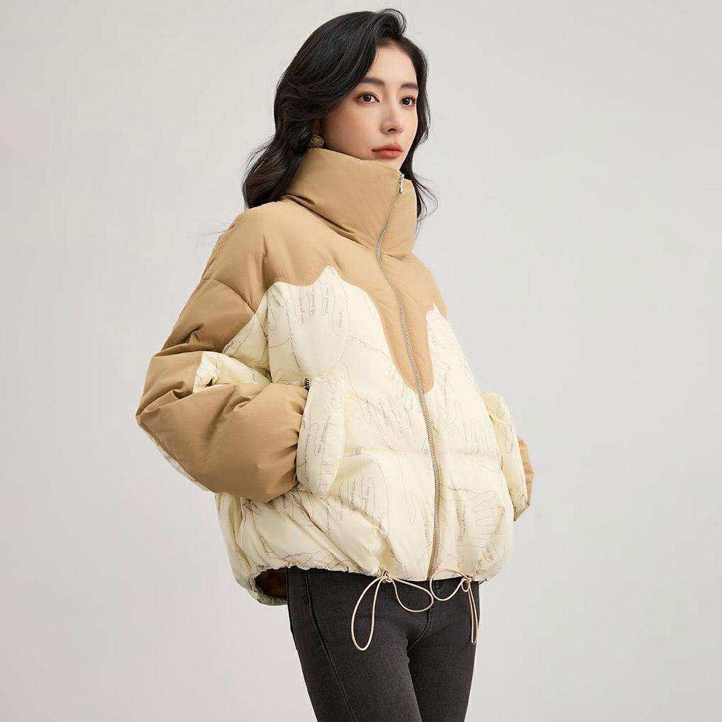 Короткая женская куртка-пуховик из толстого белого утиного пуха с воротником-стойкой, цветная блокированная куртка-пуховик