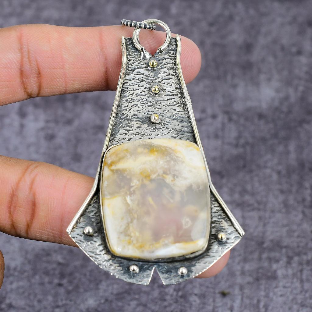 Natural Bumble Bee Jasper Gemstone 925 Sterling Silver Pendant 2.85" ET-1590