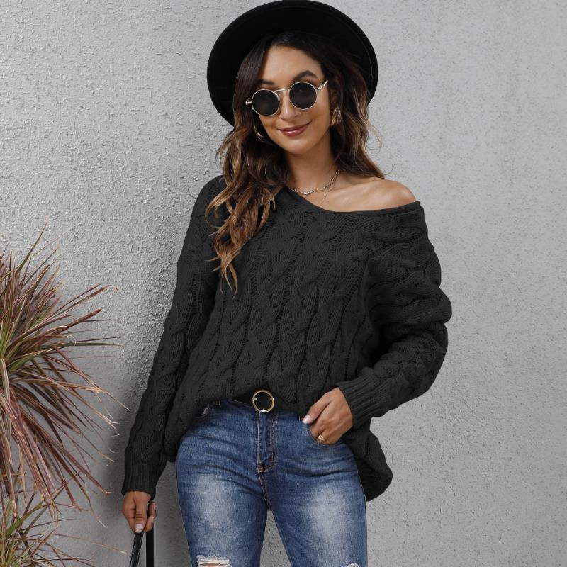 Autumn and Winter Women's Thickened Twist Knit V-Neck Hooded Loose Pullover Sweater