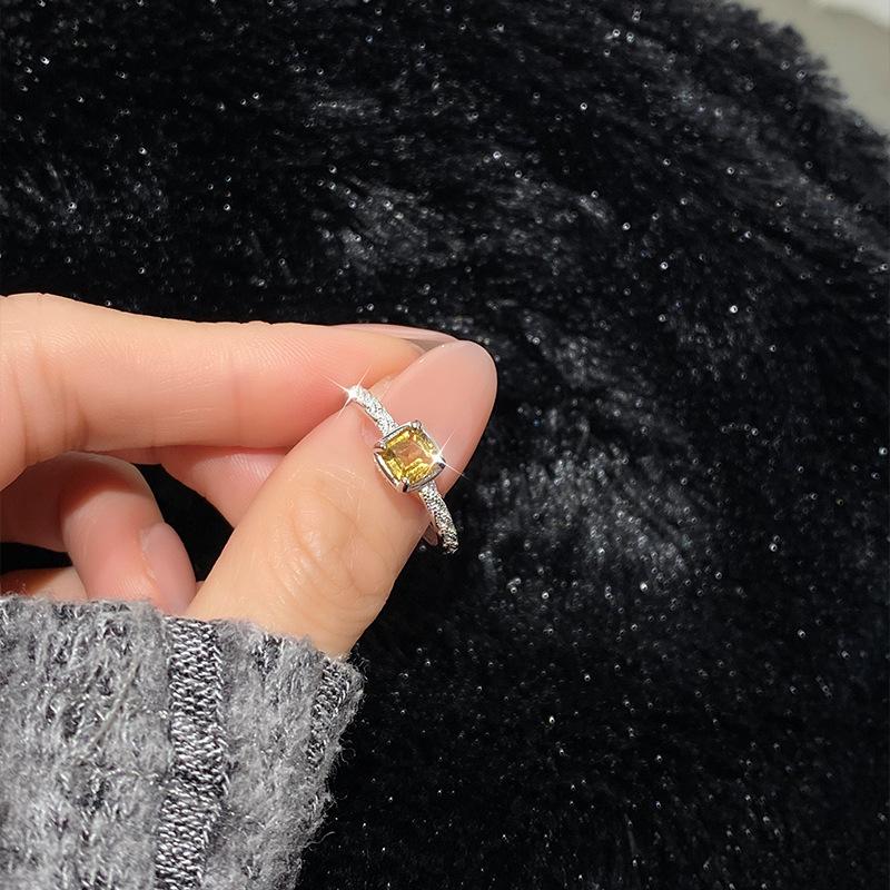 Natural Amethyst Sugar Cube Ring S925 Sterling Silver Inlaid Live Women's Ring Niche Topaz Peridot Jewelry