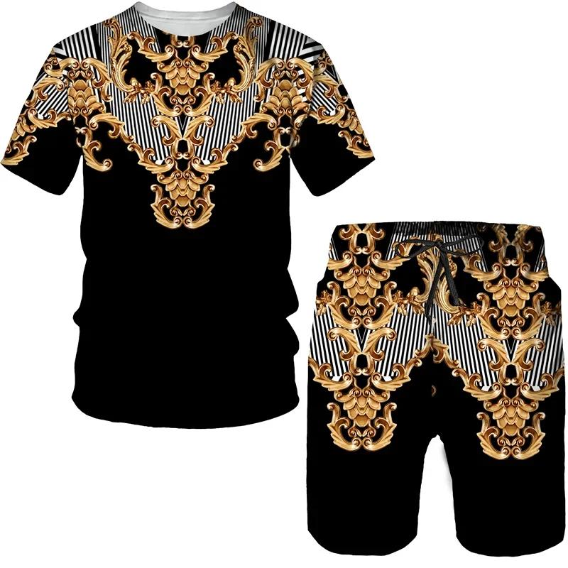 Summer Men's Luxury Golden Pattern T-Shirts/Shorts/Sets Vintage 3D Printed Two Piece Suit Fashion Jogger Male Streetwear Clothes