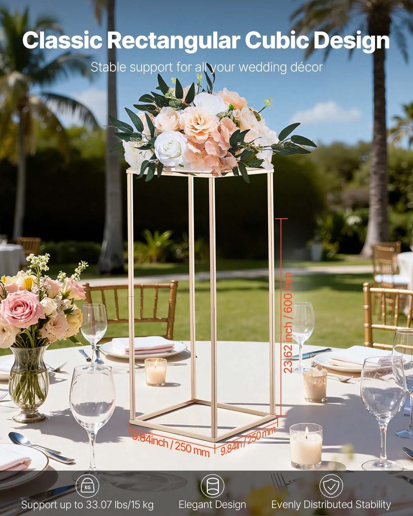 Wedding Flower Stand, 10PCS 60cm Column Flower Stand, Floral Stands with Acrylic Laminate, Gold Rectangular Floral Display Rack for Wedding, Party,
