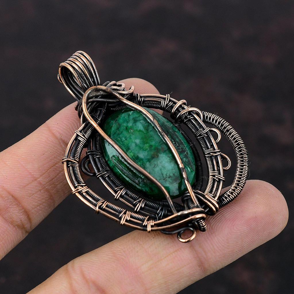 Кулон с ограненным замбийским изумрудом, обернутый медной проволокой, подвеска ручной работы, обернутая медной проволокой, ювелирное изделие в подарок для нее, ювелирные изделия из натуральных драгоценных камней